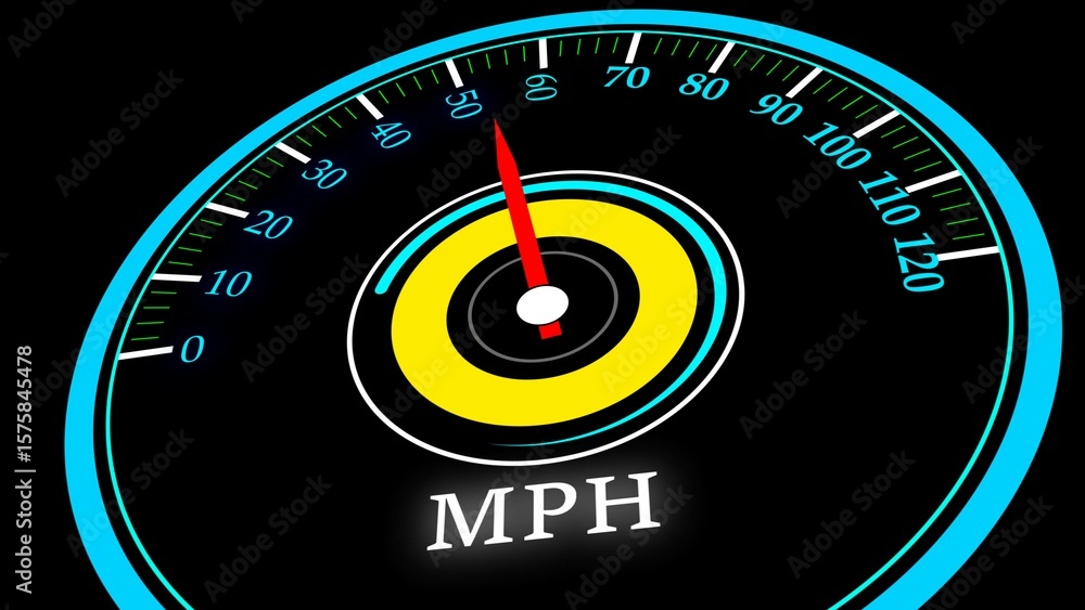 Poster speedometer instrument showing speed at fifty miles per hour in a graphical representation using col