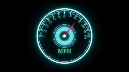 Illuminated neon speedometer displaying high speed with bright blue glowing details and modern digital design on a black background for futuristic concepts.
