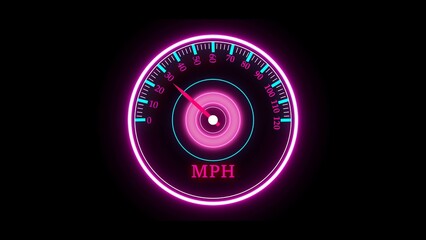 Glowing neon speedometer design depicting velocity and motion in a stylish modern digital aesthetic against a dark background showing the concept of speed