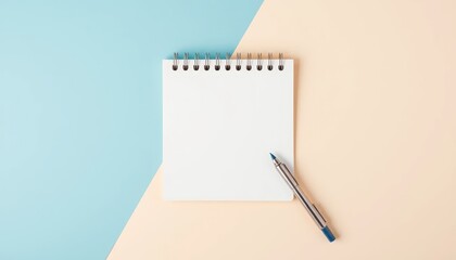 Blank notepad and pen on pastel background (3)