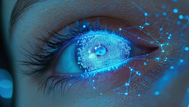 A close-up of an eye with digital connections, symbolizing the connection between artificial intelligence and vision technology
