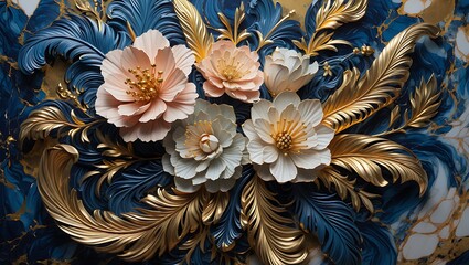 Luxurious Floral Arrangement in Gold and Teal, Detailed 3D Rendering of Elegant Flowers and Ornate Leaves
