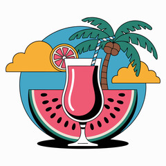 Tropical Watermelon Cocktail with Palm Tree and Sunset Illustration