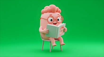 Cute Brain Character with Glasses Reading a Book on Green Background