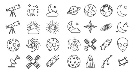 Space icons in line drawing illustration style. Astronomy, astrology, cosmic, celestial bodies.