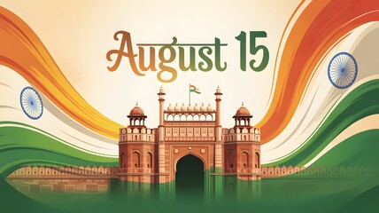 Fototapeta premium a vibrant Red Fort scene with the Indian flag waving atop. Add flowing saffron, white, and green ribbons around the monument to represent the tricolor. At the top, display bold text saying ‘August 15’