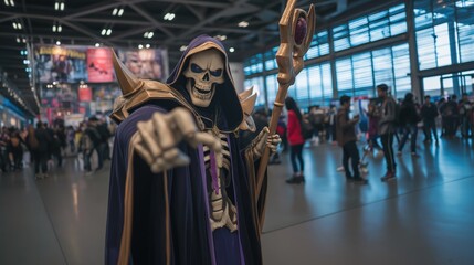 Anime cosplayer in skeleton magician costume posing at a convention