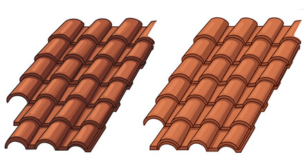 Two sections of clay roof tiles are displayed. Architecture element, building design, construction material.