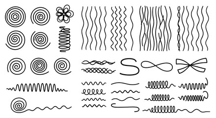 Lines and spirals form abstract designs. Hand-drawn doodle, decorative elements, artistic patterns, sketchbook drawings