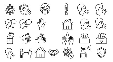 Illustrations demonstrate various preventative measures against viruses. Health, hygiene, safety and awareness icons.