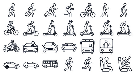 Collection of transportation and pedestrian icons are shown. Diverse urban mobility options, pedestrian safety, transportation methods, commuting