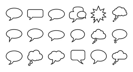 Collection of speech bubble outlines in various shapes. Communication symbols, conversation, message, dialogue, graphic elements