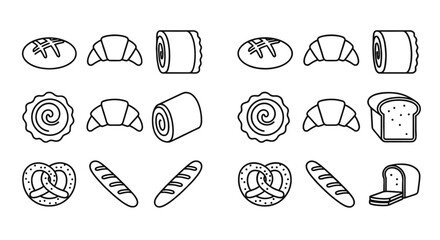 Bakery items in a line drawing style. Bakery, bread, pastry, baked goods, croissant, pretzel, bun, roll, food, breakfast