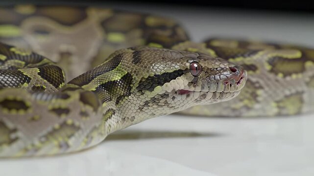 Close-up of a Burmese Python's Head with Intricate Scale Patterns and Striking Eyes
