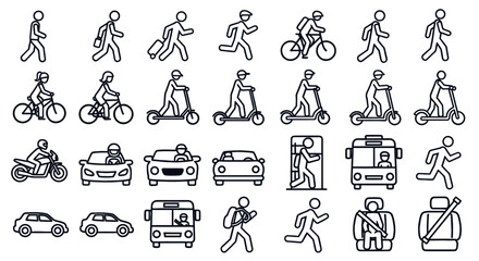 Set of transportation and pedestrian outline icons. Various transport, road safety, people, and travel signs