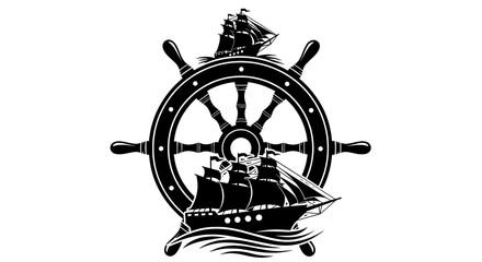 Black and white ship wheel design with sailing ships. Nautical emblem, maritime symbol, seafaring adventure, sailing, navigation