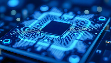 Quantum Processor Chip with Glowing Circuits and Intricate Patterns in 4K