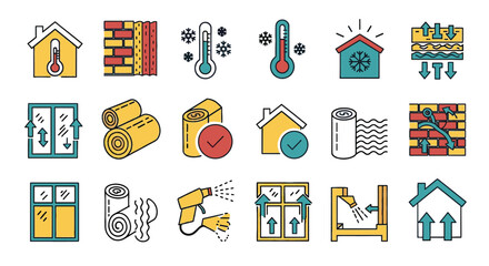 Icons display energy efficiency and home insulation. Pictograms show heat loss, weatherization, building efficiency, energy conservation, home improvement, saving energy