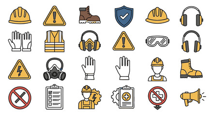 Safety equipment icons displayed, protecting workers. Occupational safety, PPE, industrial protection, hazard control, work gear, safety precautions, risk prevention, health and safety.