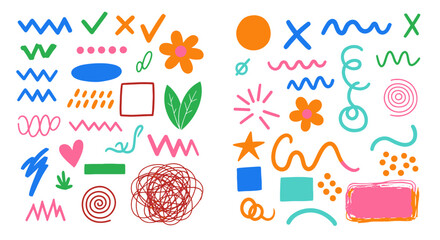 Bright doodle style shapes and lines collection. Playful artistic elements, hand drawn symbols, colorful abstract design