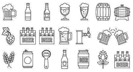 Collection of beer icons in outline style. Beer, brewery, pub, ale, drink, craft, beverages