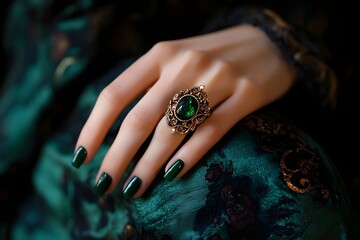 Focus on the model's hand with a ring on the finger with an ornate design. The nails are painted emerald green, giving a luxurious and classic image reminiscent of baroque art