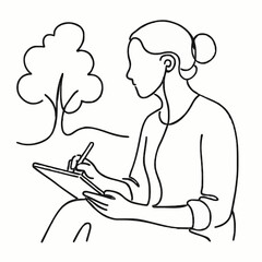 Woman sketching on a tablet with a tree in the background, depicted in minimalist line art. Great for nature art, digital drawing, creative inspiration, and eco-friendly design concepts.