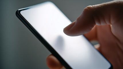 Un pouce sur un écran tactile de smartphone connecté, addiction aux écrans et scroll sur les réseaux