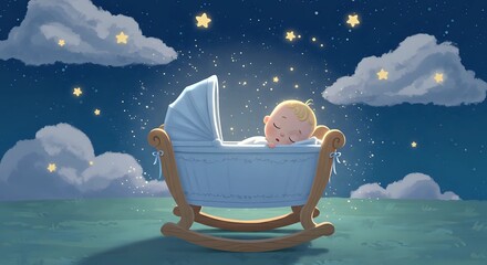 Cute Sleeping Baby in Blue Cradle Under Magical Starry Sky