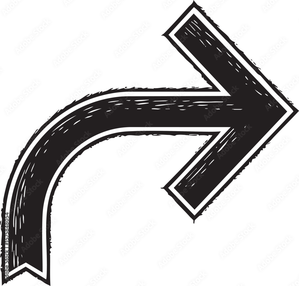 Poster black curved arrow pointing to the right with a rough texture isolated on transparent background