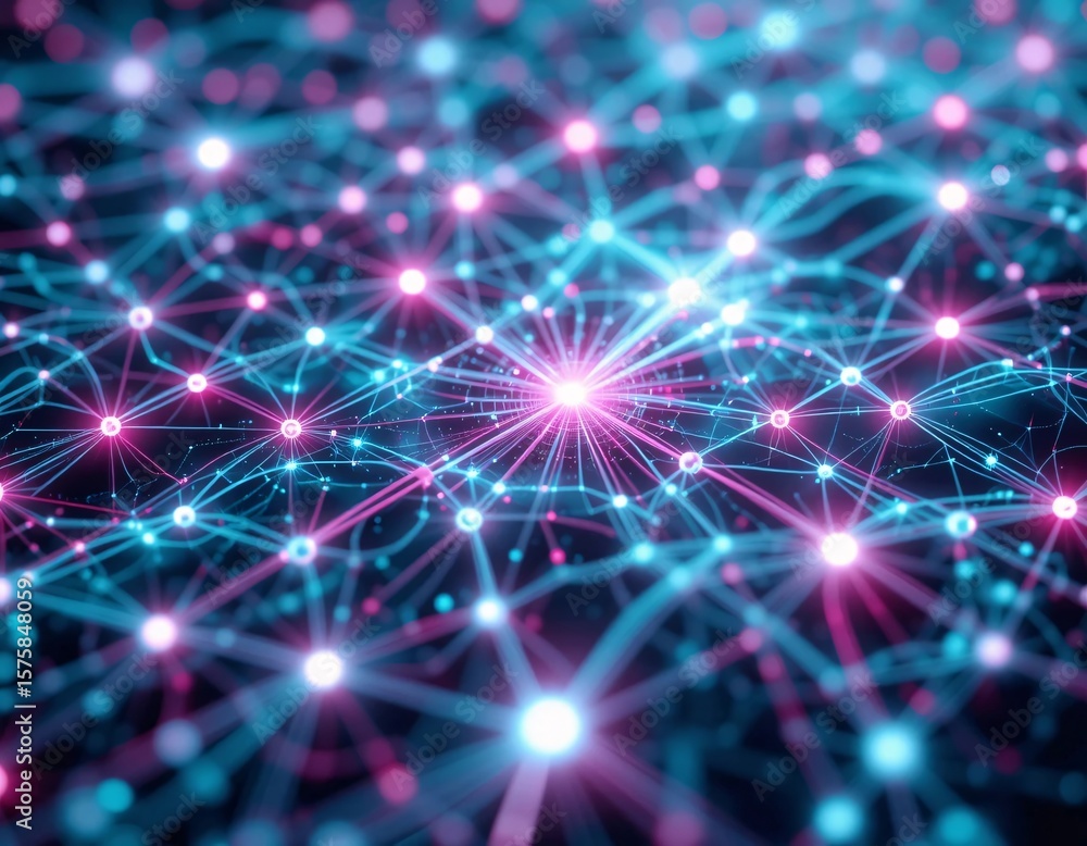 Poster a network of glowing pink and blue nodes connected by lines forming a complex abstract structure