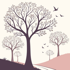 Obraz premium Bare tree silhouettes in a serene winter forest landscape