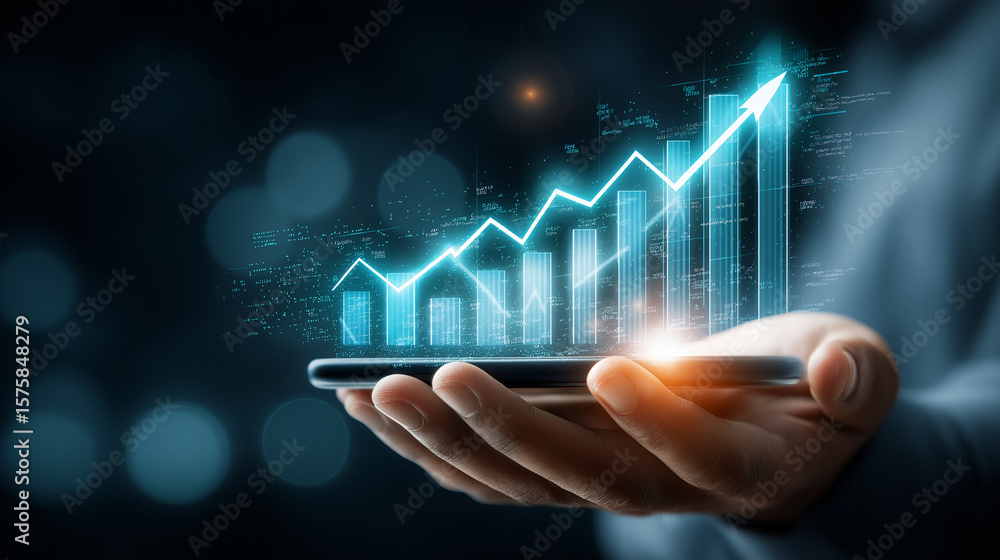Poster hands holding glowing tablet displaying futuristic digital interface, showing technology and innovat