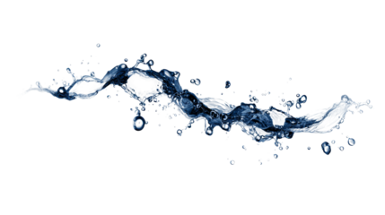 Water stream creates splash with bubbles of clear liquid on a transparent backdrop.