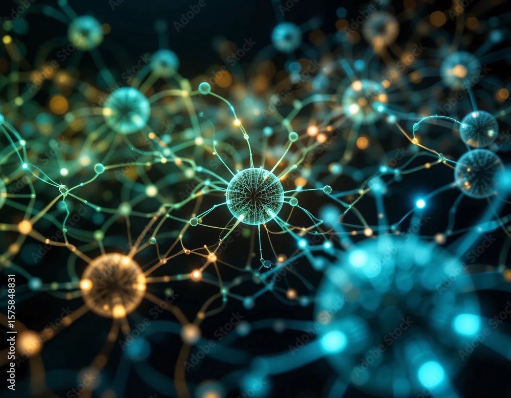 Poster An abstract representation of interconnected neurons or cells with glowing nodes and connecting lines