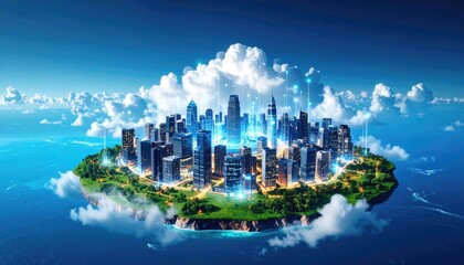 Naklejka premium Floating city, connected by technology