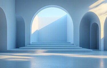 Minimalist Architectural Interior with Arches, Steps, and Dramat