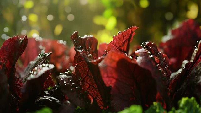 Red chard growing in a lush garden with dew drops in the sunlight