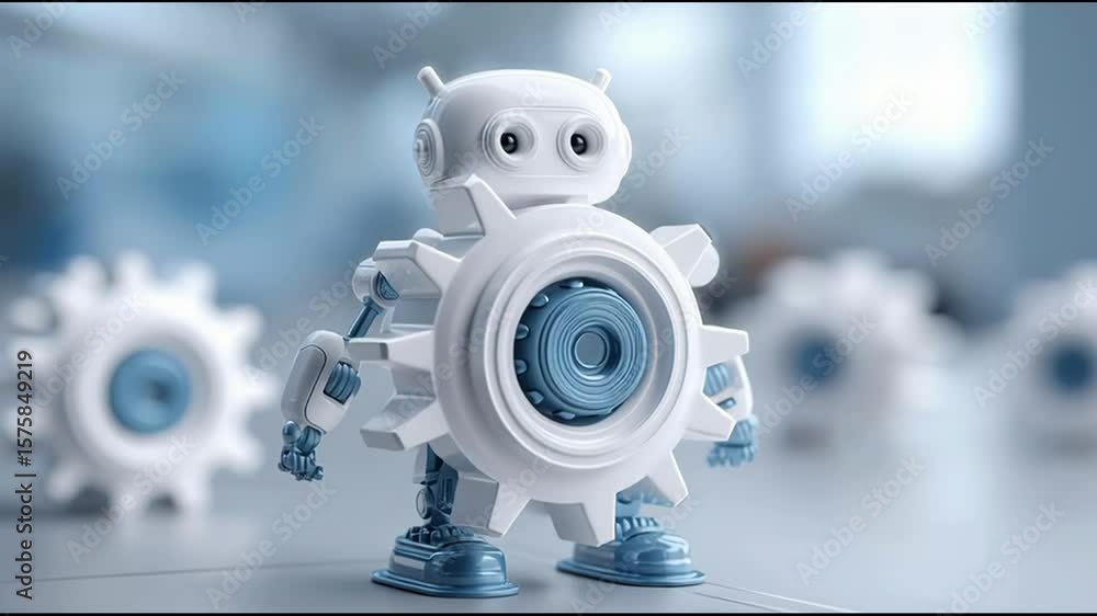 Poster robot with gears in the background illustrating business automation core concept with focus on mecha