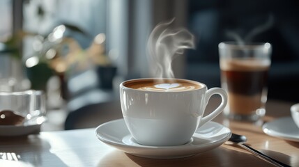 Warm Cup of Coffee on Wooden Table with Spoon Inviting Cozy Moments