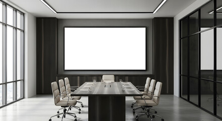 Modern Conference Room with Blank Screen and Boardroom Table