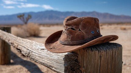 Weathered cowboy hat on desert fence post