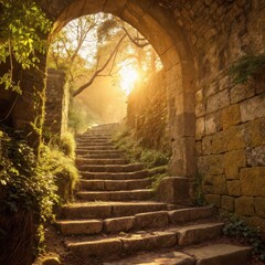 Sunlight illuminates an old stone stairway framed by a weathered archway, leading through lush greenery into a peaceful forest.