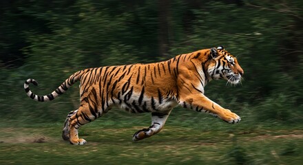 Fototapeta premium Powerful Tiger Running at High Speed Through a Green Forest