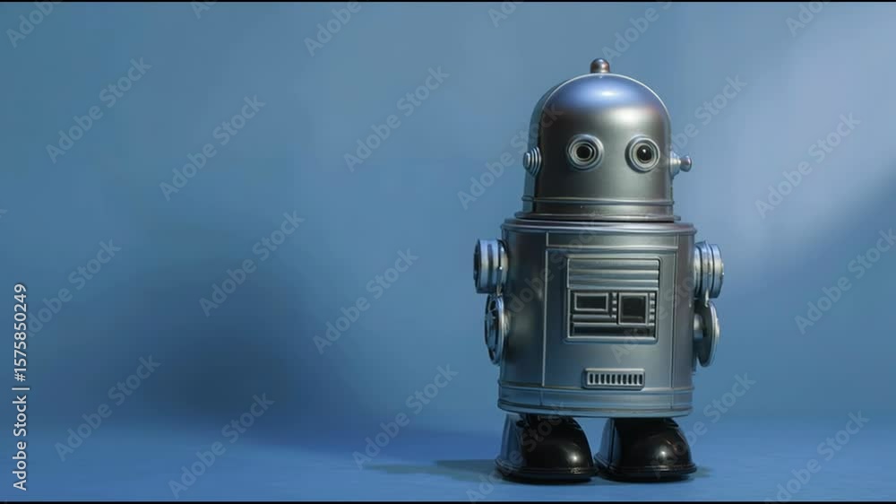 Poster robot on a blue background representing an ai expansion strategy planner offering insights and guida