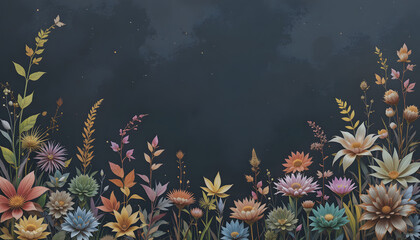 Colorful Flower Collage in Dense Arrangement on Dark Background – Decorative Still Life Representing Botanical Diversity, Vivid Expression, and Artistic Flourish
