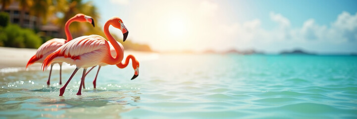 Three pink flamingos wade in clear turquoise sea water under a bright sun. Tropical scenery with palm trees in the background. Summer banner with space for text.