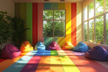 A colorful room with large square tiles on the floor