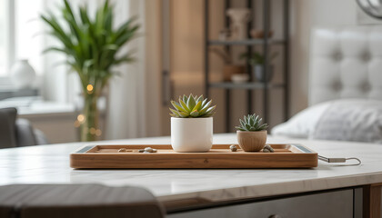 Wooden Tray with Potted Plants on Marble Surface in Cozy Interior – Still Life Representing Natural Calm, Minimalist Elegance, and Interior Warmth
