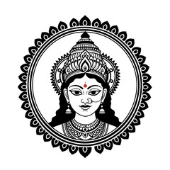 Illustration of goddess durga with floral border silhouette